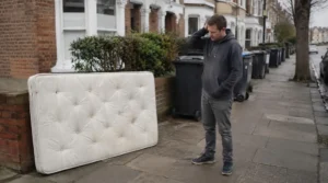 Mattress beside normal rubbish bins